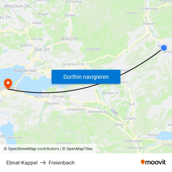 Ebnat-Kappel to Freienbach map