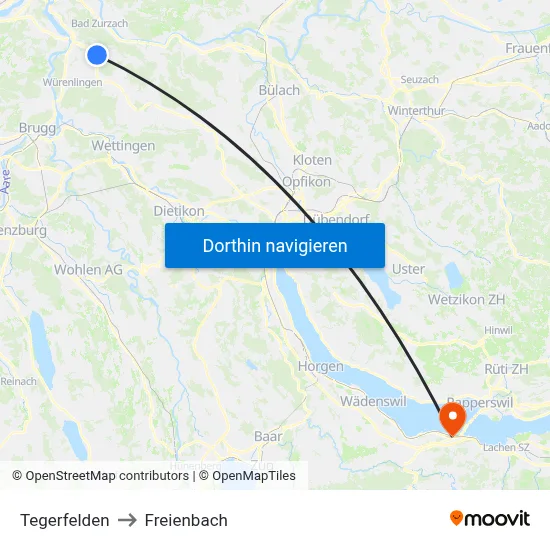 Tegerfelden to Freienbach map