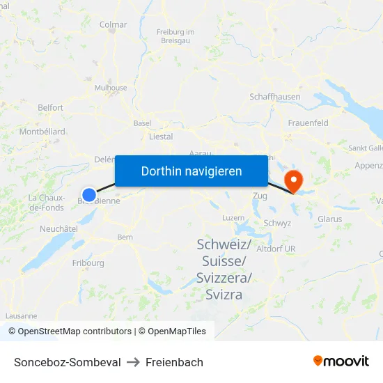 Sonceboz-Sombeval to Freienbach map