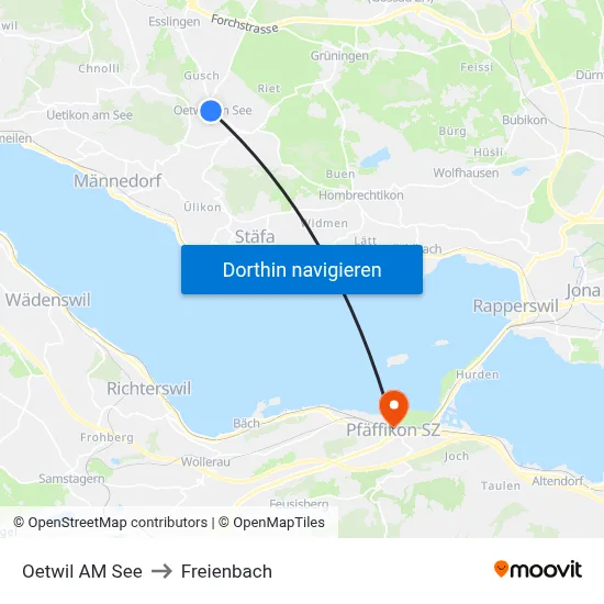 Oetwil AM See to Freienbach map
