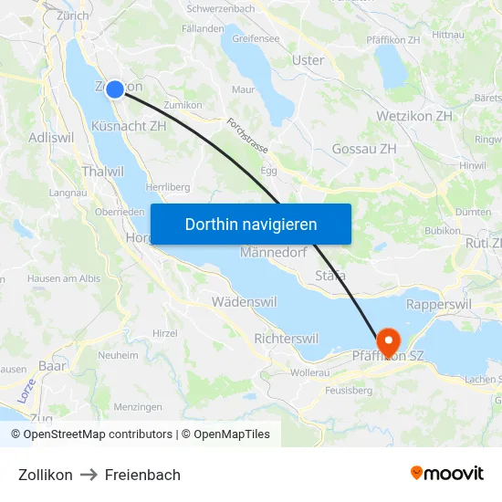 Zollikon to Freienbach map
