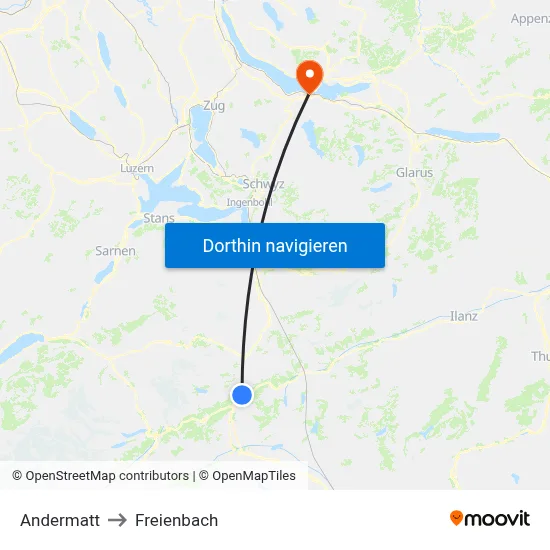 Andermatt to Freienbach map
