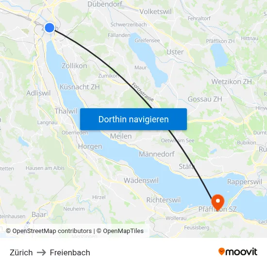 Zürich to Freienbach map