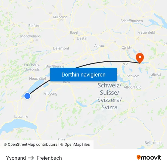 Yvonand to Freienbach map