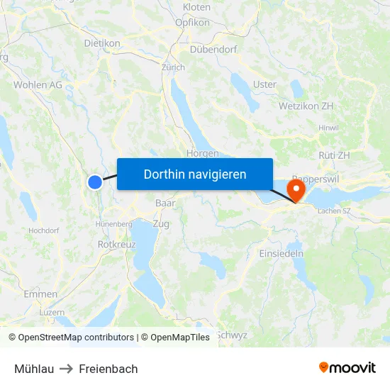 Mühlau to Freienbach map
