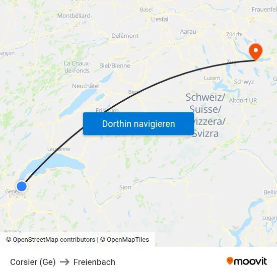 Corsier (Ge) to Freienbach map