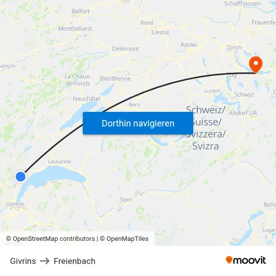 Givrins to Freienbach map