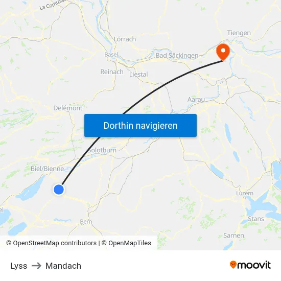 Lyss to Mandach map
