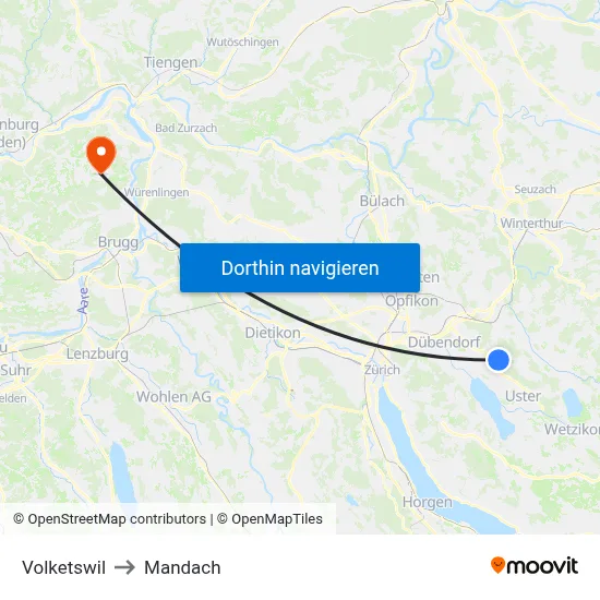 Volketswil to Mandach map