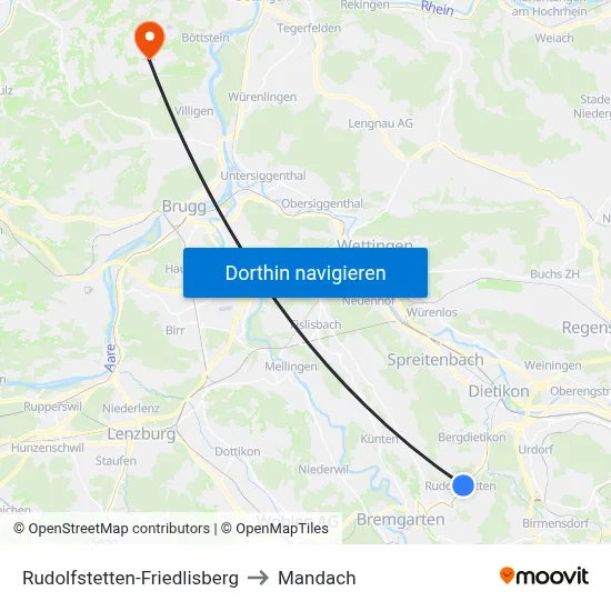 Rudolfstetten-Friedlisberg to Mandach map