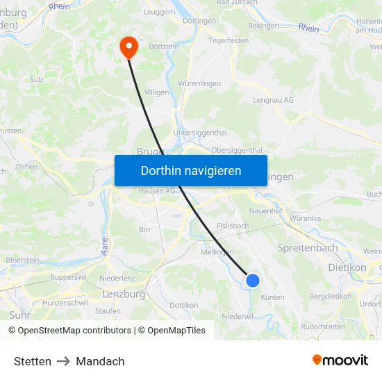 Stetten to Mandach map