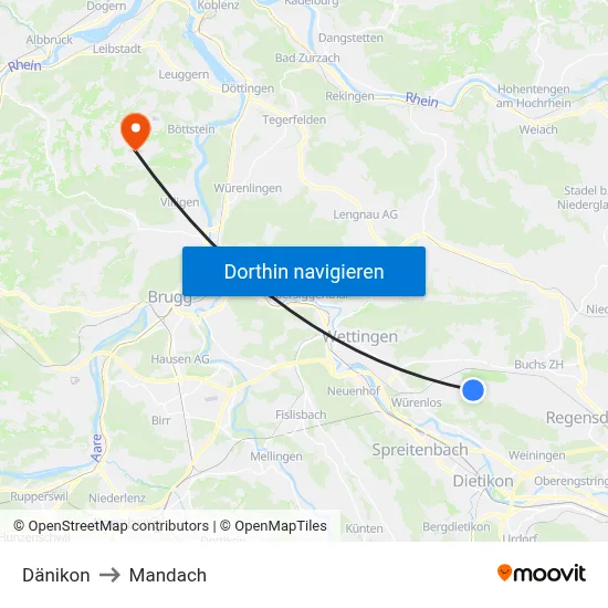Dänikon to Mandach map