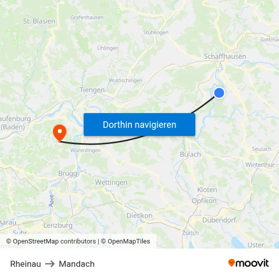 Rheinau to Mandach map