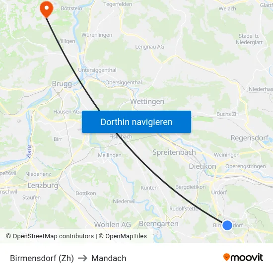 Birmensdorf (Zh) to Mandach map