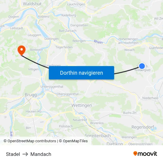 Stadel to Mandach map