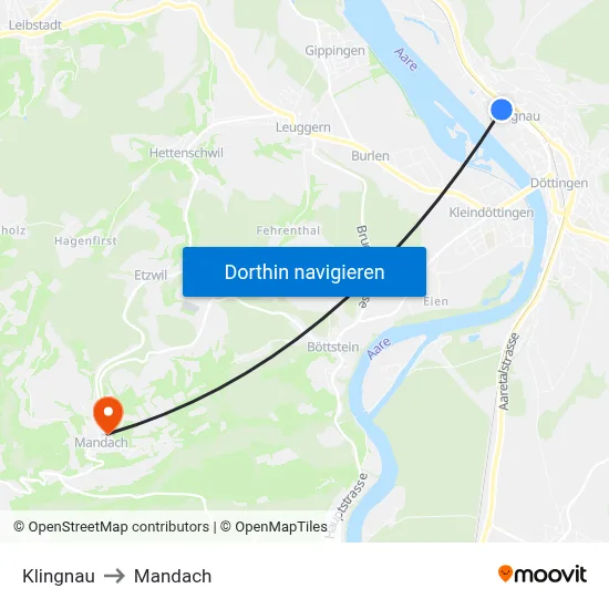 Klingnau to Mandach map