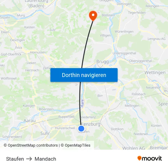 Staufen to Mandach map