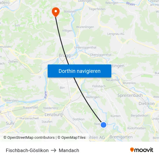 Fischbach-Göslikon to Mandach map