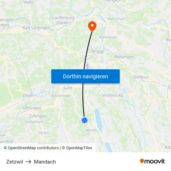 Zetzwil to Mandach map