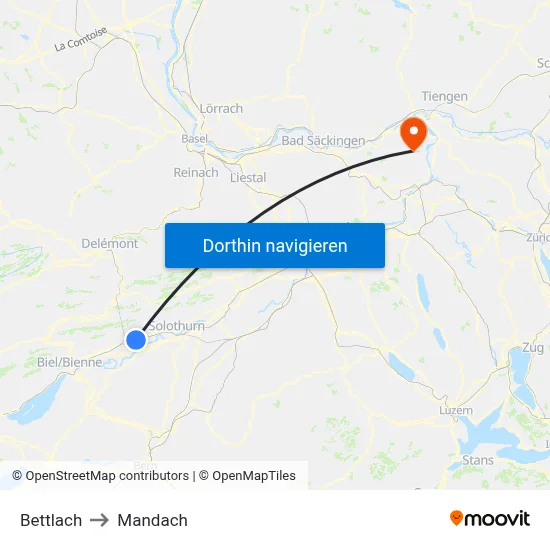 Bettlach to Mandach map