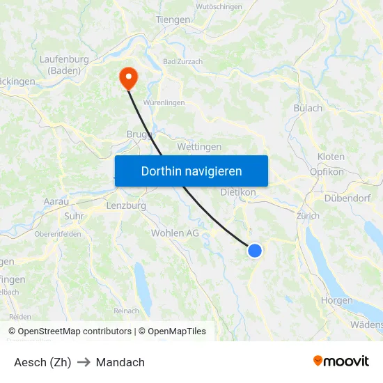 Aesch (Zh) to Mandach map