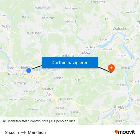 Sisseln to Mandach map
