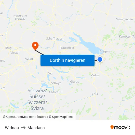 Widnau to Mandach map