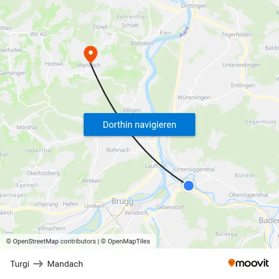 Turgi to Mandach map