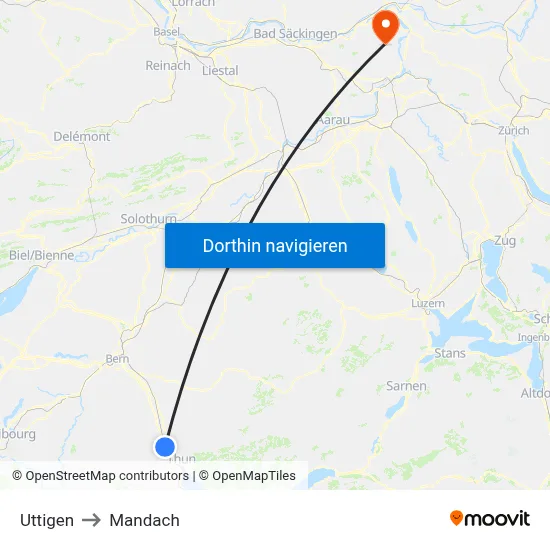 Uttigen to Mandach map