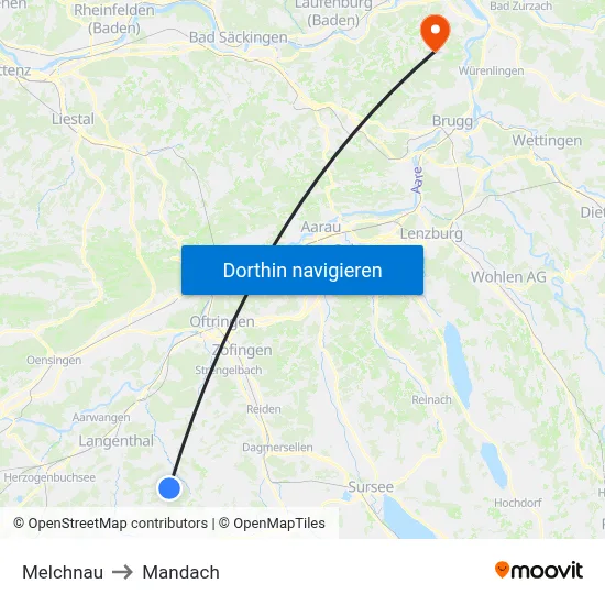 Melchnau to Mandach map