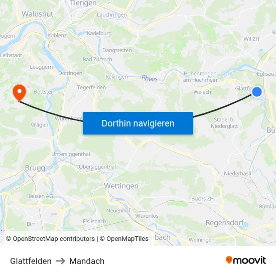 Glattfelden to Mandach map