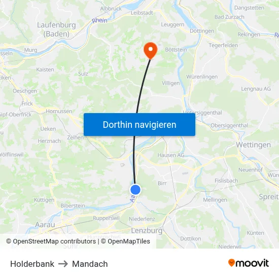 Holderbank to Mandach map