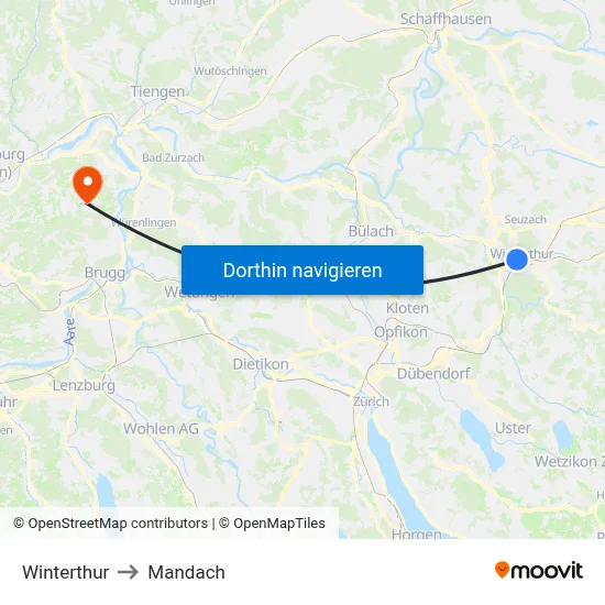 Winterthur to Mandach map