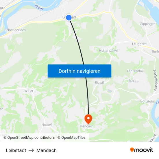 Leibstadt to Mandach map
