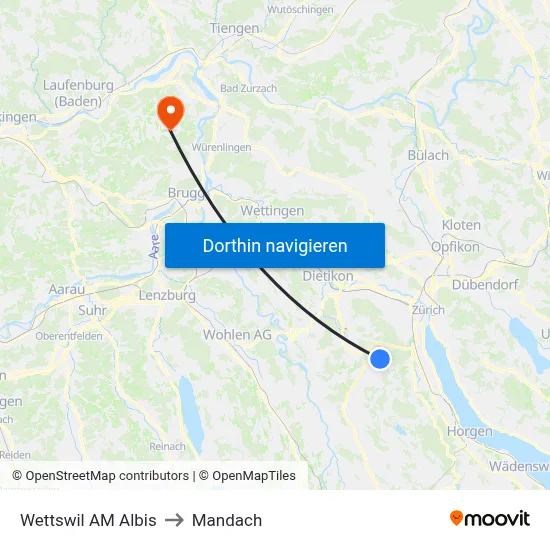 Wettswil AM Albis to Mandach map