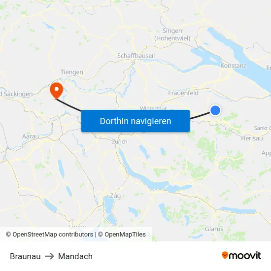 Braunau to Mandach map