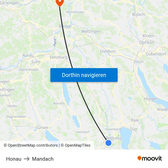 Honau to Mandach map