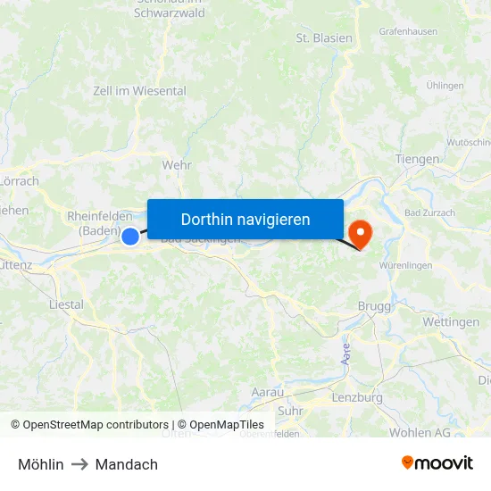Möhlin to Mandach map
