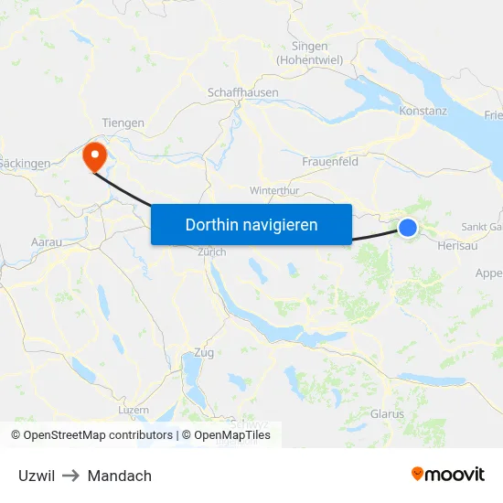 Uzwil to Mandach map