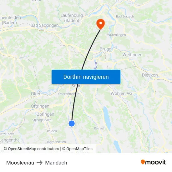 Moosleerau to Mandach map
