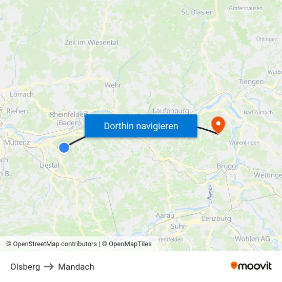 Olsberg to Mandach map