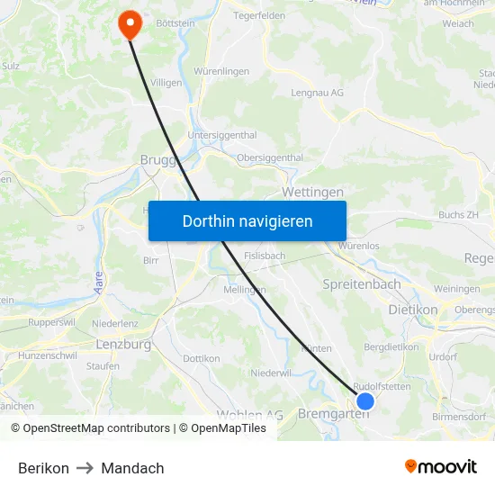 Berikon to Mandach map