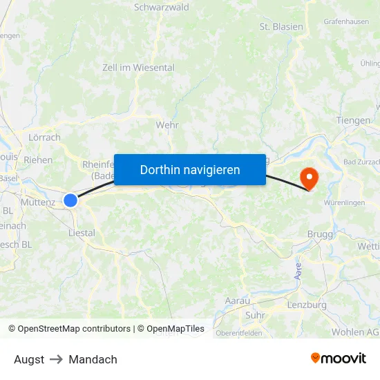 Augst to Mandach map
