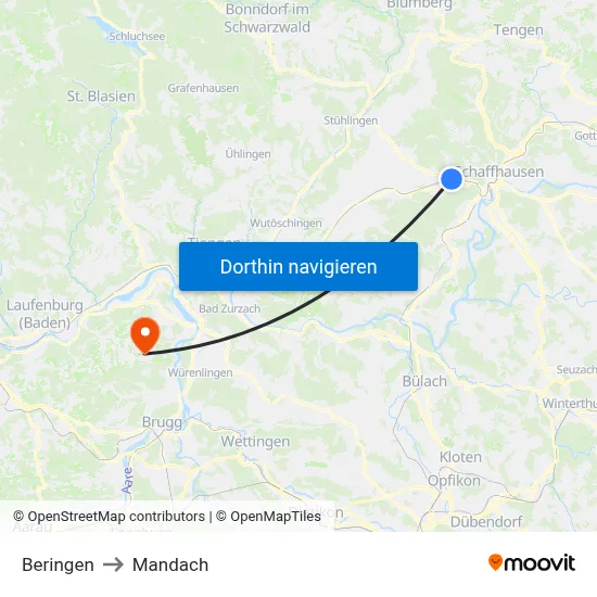 Beringen to Mandach map