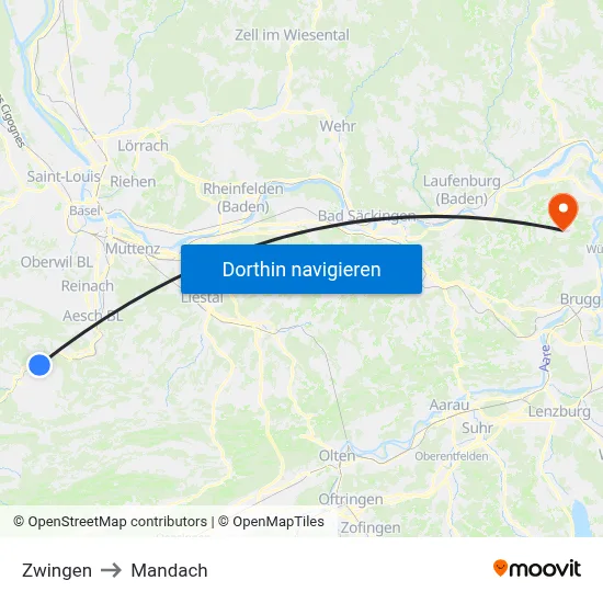 Zwingen to Mandach map