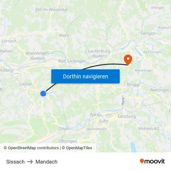 Sissach to Mandach map