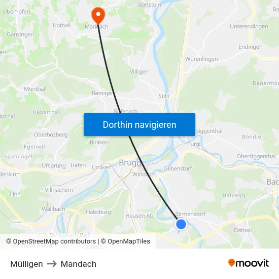 Mülligen to Mandach map