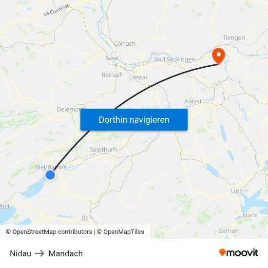 Nidau to Mandach map