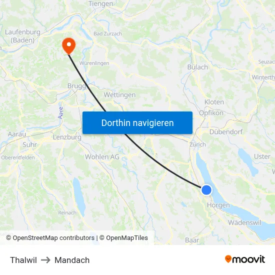 Thalwil to Mandach map