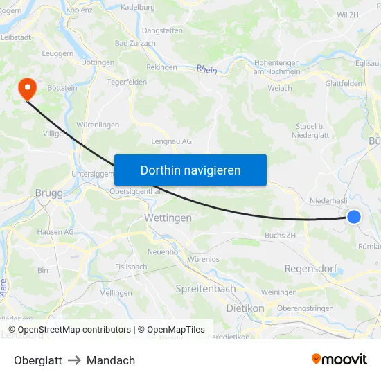 Oberglatt to Mandach map